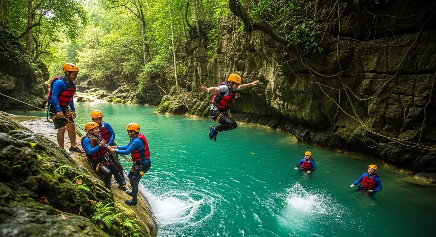A group of people canyoneering at the brilliant blue Kawasan Falls